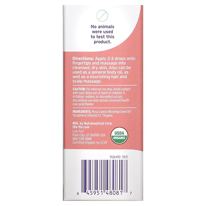 Life-flo Pure Organic Rosehip Seed Oil, Hydrating Face Oil, Dry Skin Care, Cold Pressed from Organic Rose Hips, Rich in Fatty Acids and Vitamin A (Retinol), Hypoallergenic, 60-Day Guarantee, 1oz