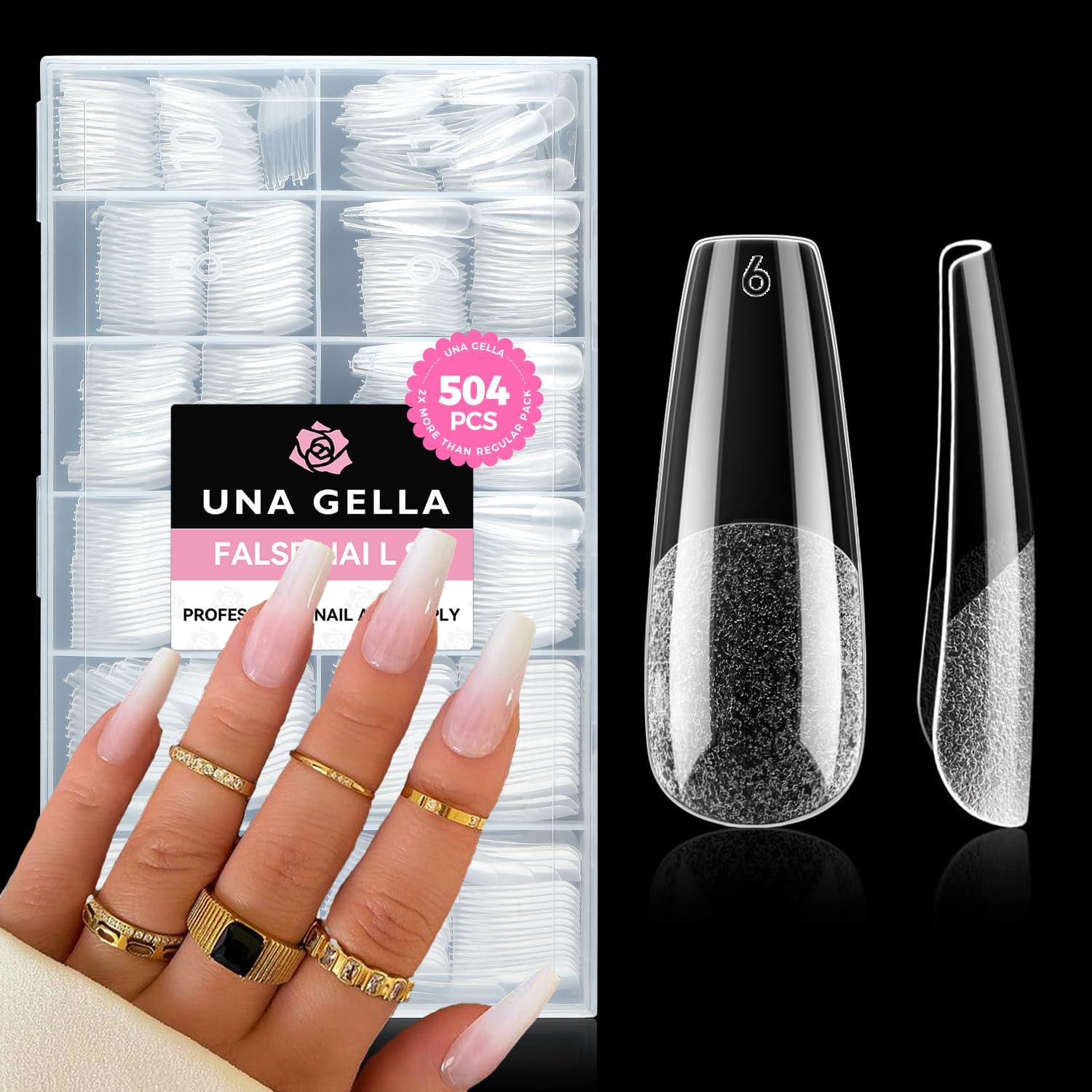 UNA GELLA Long Coffin Nail Tips, 504pcs Pre-Shape Fake Nails Half Matte Full Cover Acrylic Gel Nail Tips Clear Long Coffin Press On Nails Home DIY Extension 12 Sizes Gelly Tips