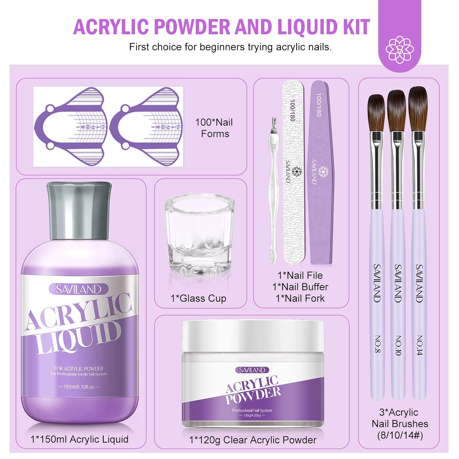 SAVILAND Acrylic Nail Starter Kit: 4oz Clear Acrylic Powder and 5oz Liquid Monomer Set with 100 Nail Forms Brushes for Manicure Extension 3D Carving Nail Set Kit for Beginners with Everything Home DIY