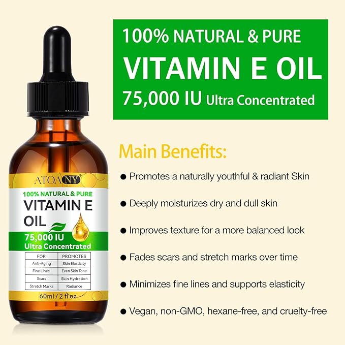 Vitamin E Oil, Natural Pure Bio Vitamin E for Skin, Face and Scars, Body Bath Oil Moisturizing Dry Skin and Winkles 2Fl Oz