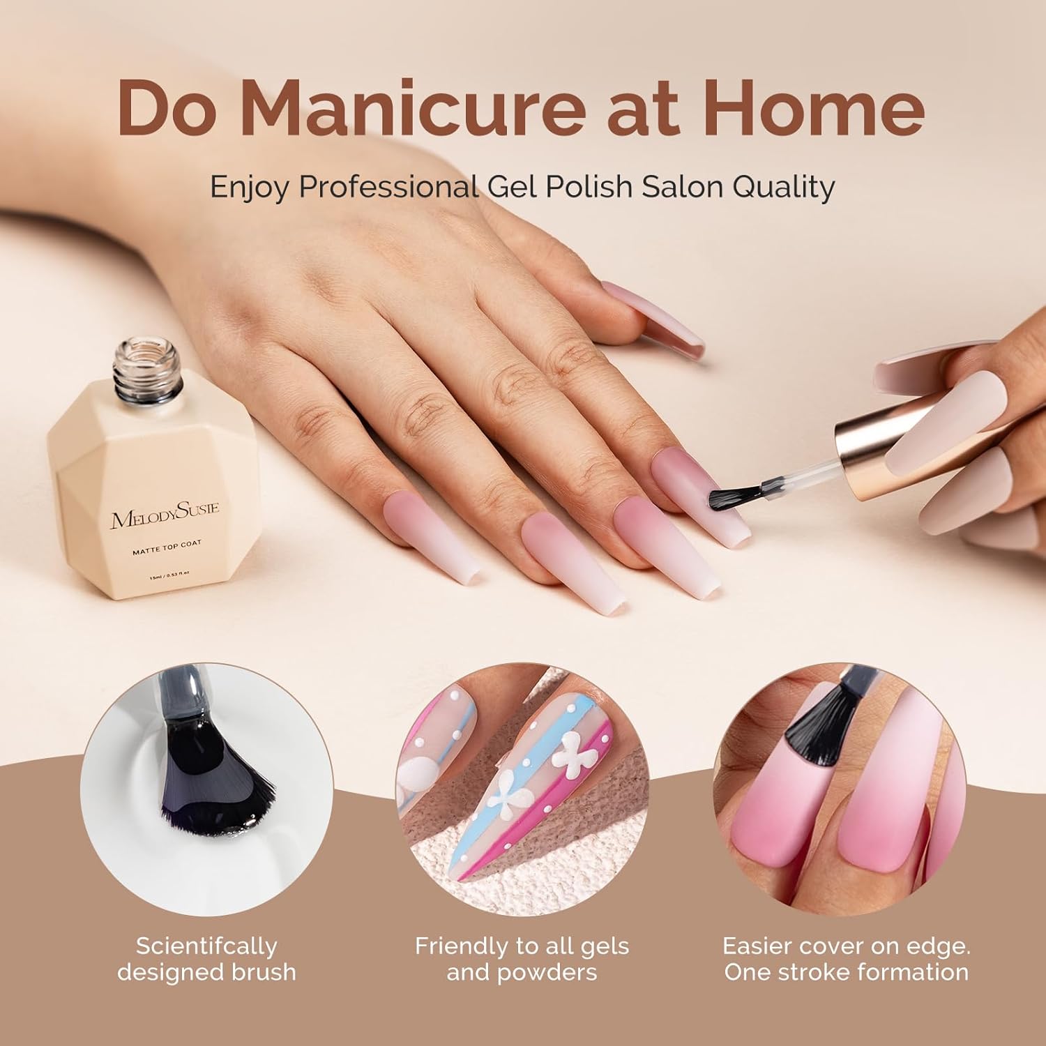 MelodySusie 15ML No Wipe Matte Gel Top Coat - Long Lasting Top Gel for Clear Nail Gel and Acrylic Nails - Gift for Women Ideal for Home DIY and Nail Salon