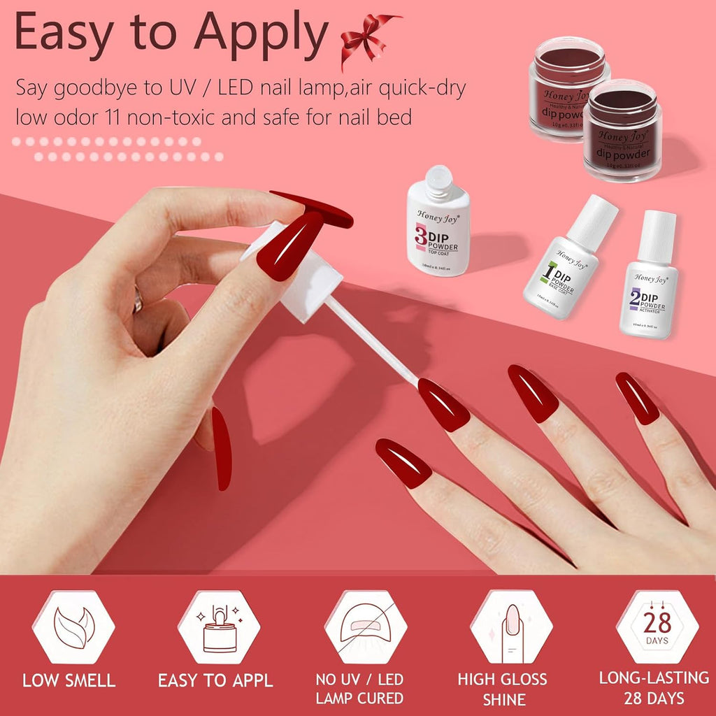 Honey Joy Dip Powder Nail Kit Starter,4 Colors Wine Red Glitter Dark Barn Red Dipping Powder Liquid Set with Base Top Coat for Nail Art Manicure Salon DIY No LED Nail Lamp Needed, Dip-7pcs-No.22