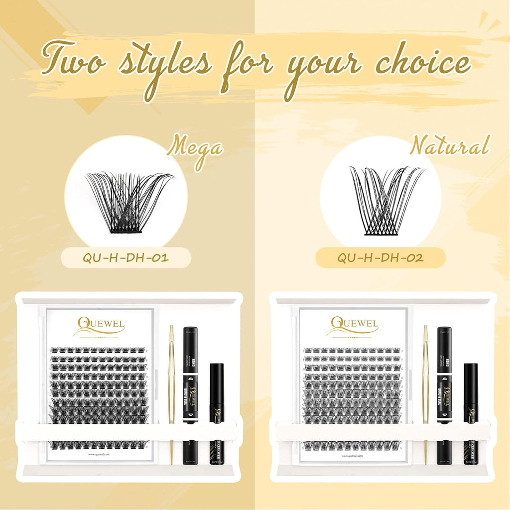 QUEWEL DIY Eyelash Extensions Kit, 144 Pcs Lash Clusters, Cluster Eyelashes Applicator Tool, Super Hold Cluster Lashes Bond and Seal, Clusters Lash Glue Remover Easy to Use at Home(QU-H-DH-02)