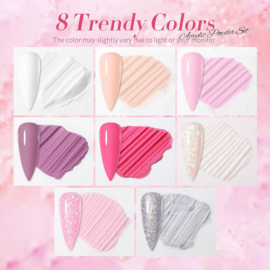 BORN PRETTY Acrylic Nail Kits Full Set,87PCs Pink White Clear Glitter Grey Acrylic Powder and Liquid Set for Beginners,with Nail Pre Dehydrator Nail Primer Nail Tips