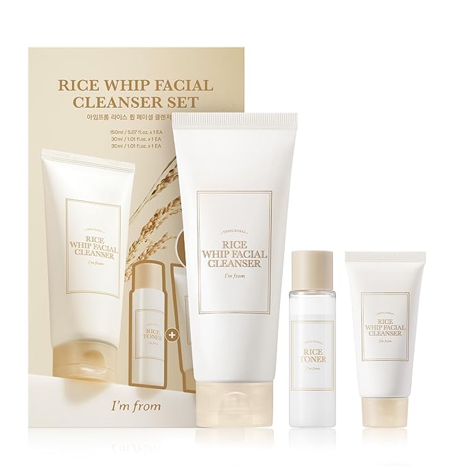 I'm From Rice Whip Facial Cleanser Set - Travel Kit With Face Wash 5.07 fl oz & Toner 1.01 fl oz, Low-pH Rice Water Cleanser for Sensitive, Dry Skin