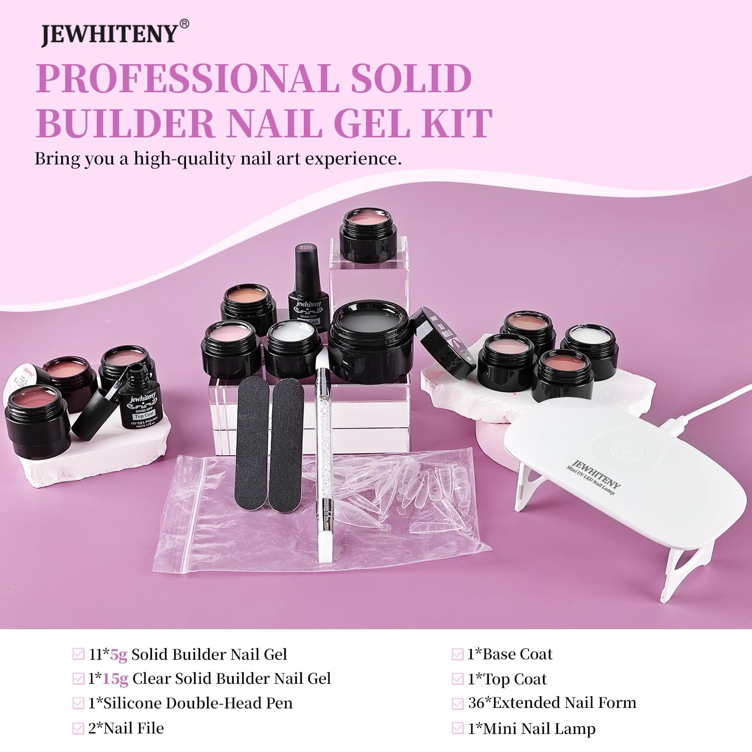 JEWHITENY 12 Colors Non-Sticky Solid Builder Gel Kit:3D Sculpting Gel with Mini U V Nail Lamp for Nail Extension,Modeling, Sculpture