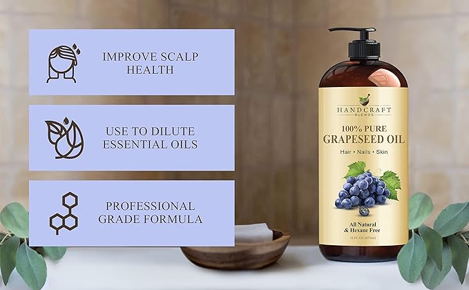 Handcraft Blends Grapeseed Oil - Cold-Pressed 16 Fl Oz - 100% Pure and Natural - Premium Grade Carrier Oil for Skin and Hair - Hair and Body - Massage - Hexane-Free