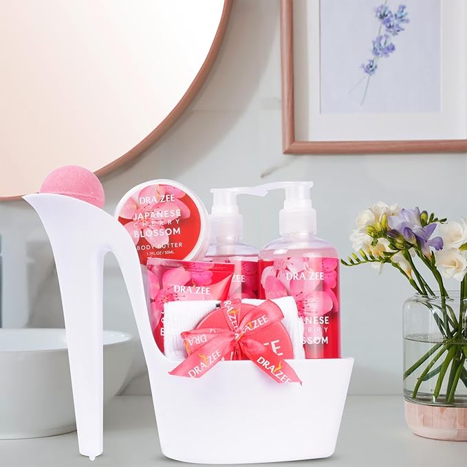 Draizee Mothers Day Gifts for Mom - 8 Pcs Luxury Cherry Blossom Scented Heel Shoe Design Bath and Body Spa Set-Self Care Package for Women - Spa Gift Baskets for Women, Presents for Mom, Body Care Set