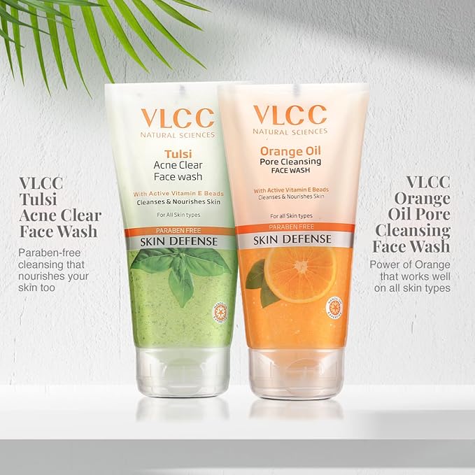VLCC Holy Basil + Orange Oil Face Wash Combo for Acne & Pore Cleansing | Clears Pimple, Clogged Pores & Oil | Reduces Breakouts & Soothes Skin | 5.07 Fl Oz/150 ml (Pack of 2)