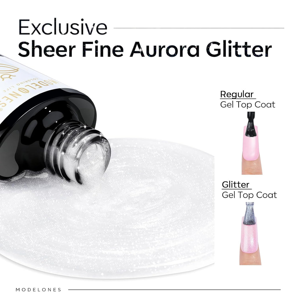 Modelones Glitter Gel Top Coat, Ultra Fine White Aurora Clear Glitter Gel Polish Glossy Sparkle Finish Long Lasting Soak Off Pearlescent Shimmer Manicure Nail Art Gift for Women Girls