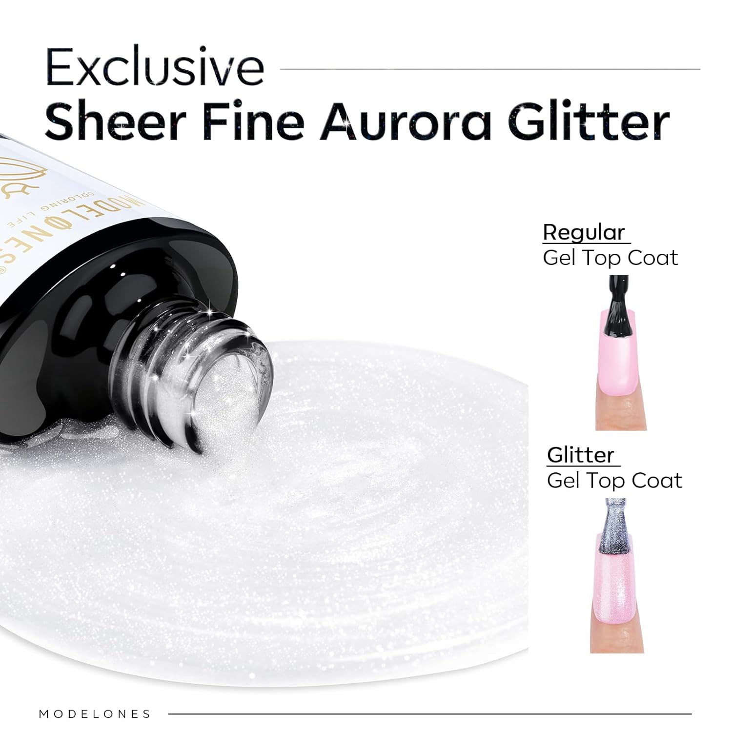 Modelones Glitter Gel Top Coat, Ultra Fine White Aurora Clear Glitter Gel Polish Glossy Sparkle Finish Long Lasting Soak Off Pearlescent Shimmer Manicure Nail Art Gift for Women Girls