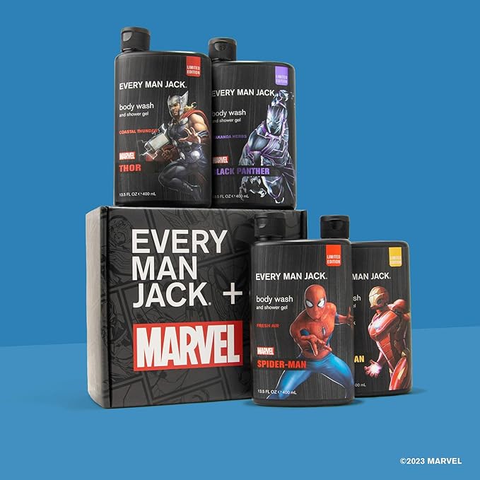 Every Man Jack Marvel Collectors Box Body Wash Gift Set - Includes Four Body Washes with Clean Ingredients - Marvel-Inspired Fresh Air, Coastal Thunder, Crimson Oak, and Wakanda Herbs Fragrances