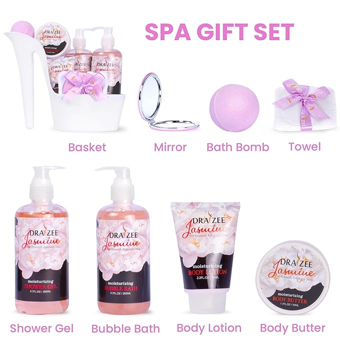 Draizee Mothers Day Gifts for Mom-Spa Gift Baskets for Women-8 Pcs Luxury Jasmine Scented Heel Shoe Design Bath and Body Spa Set Self Care Package for Women, Presents for Mom-Body Care Set for Her