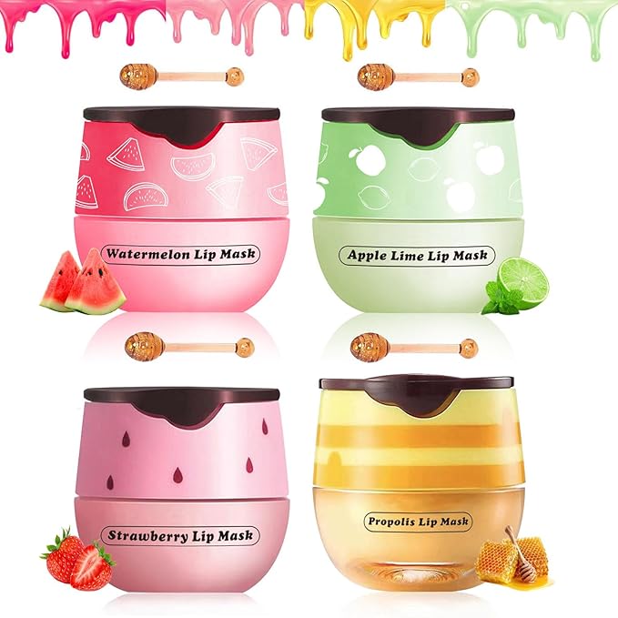 4 PCS Bee Lip Balm Lip Mask Honey Pot, Honey Strawberry Watermelon Apple Moisturizing Sleeping Lip Mask Overnight with Sticks, Lip Balm Exfoliating Prevention Dry and Crack Lip Scrubs