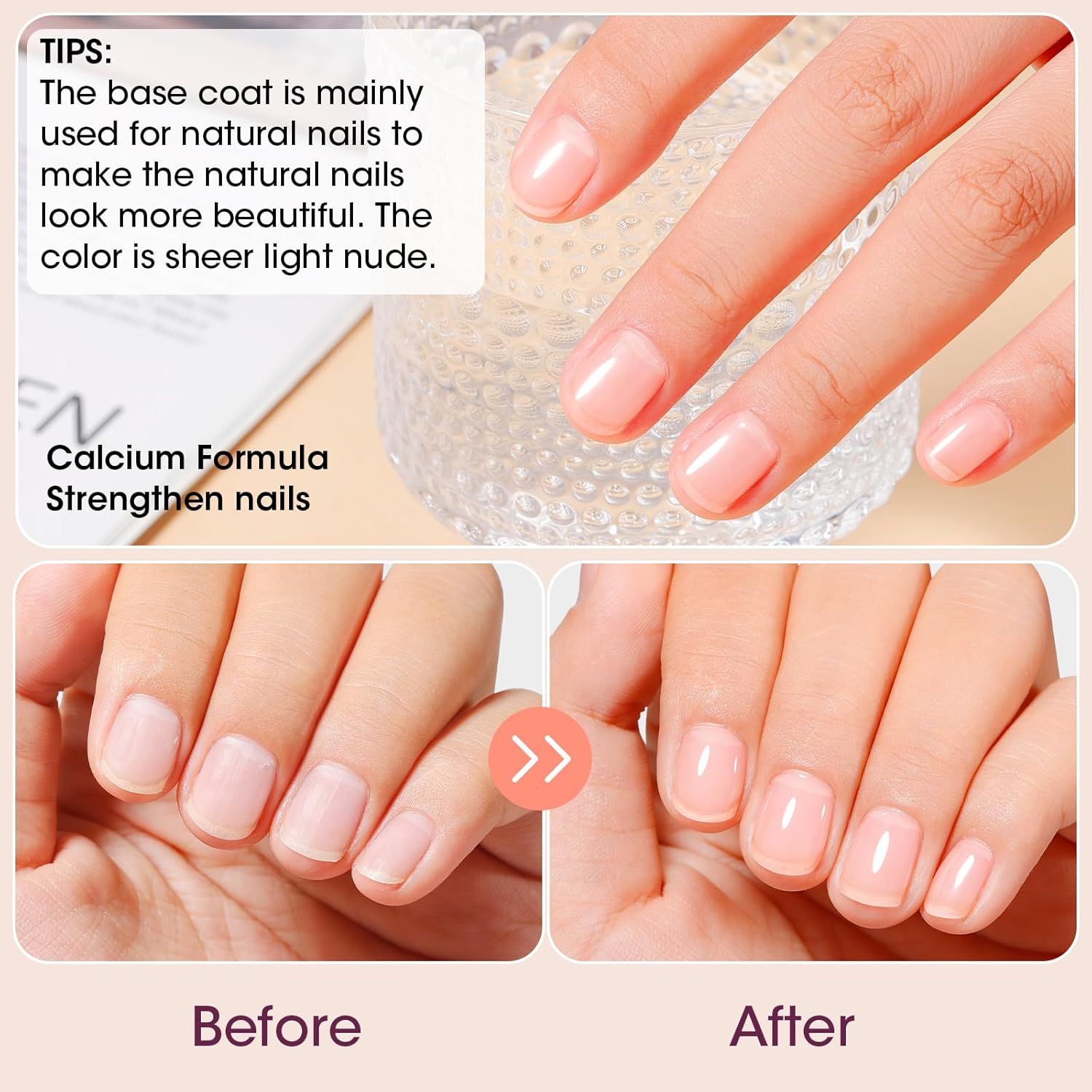 GELLEN Clear Nail Polish Base Coat Sheer Tinted Nude, Natural Color Regular Nail Polish, Calcium Formula Strengthens Nails, Enhances Natural Look, Quick Air Dry, Anti-Yellowing, Hema Free, Non-toxic