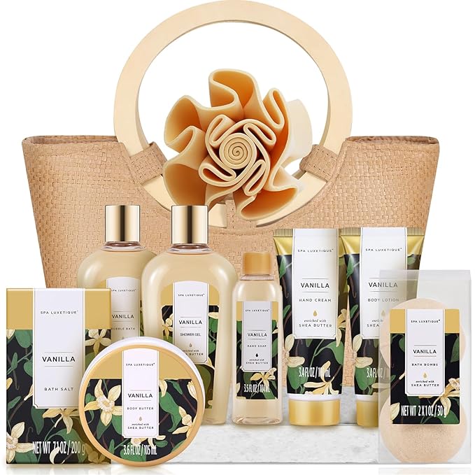 Spa Luxetique Spa Gift Baskets for Women - Vanilla Bath Set with Bubble Bath, Body Lotion Gift Set, Vanilla Spa Set, Birthday Woman Gifts, Mothers Day Gifts for Mom