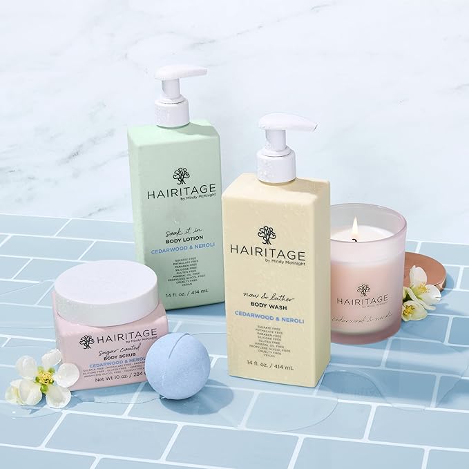 Hairitage Soak It In Cedarwood & Neroli Scented Body Lotion - Skin Moisturizer & Hydrating Lotion - Niacinamide, Jojoba Oil, & Avocado Oil -All Skin Types - Rosemary & Orange Essential Oils, 14 fl oz