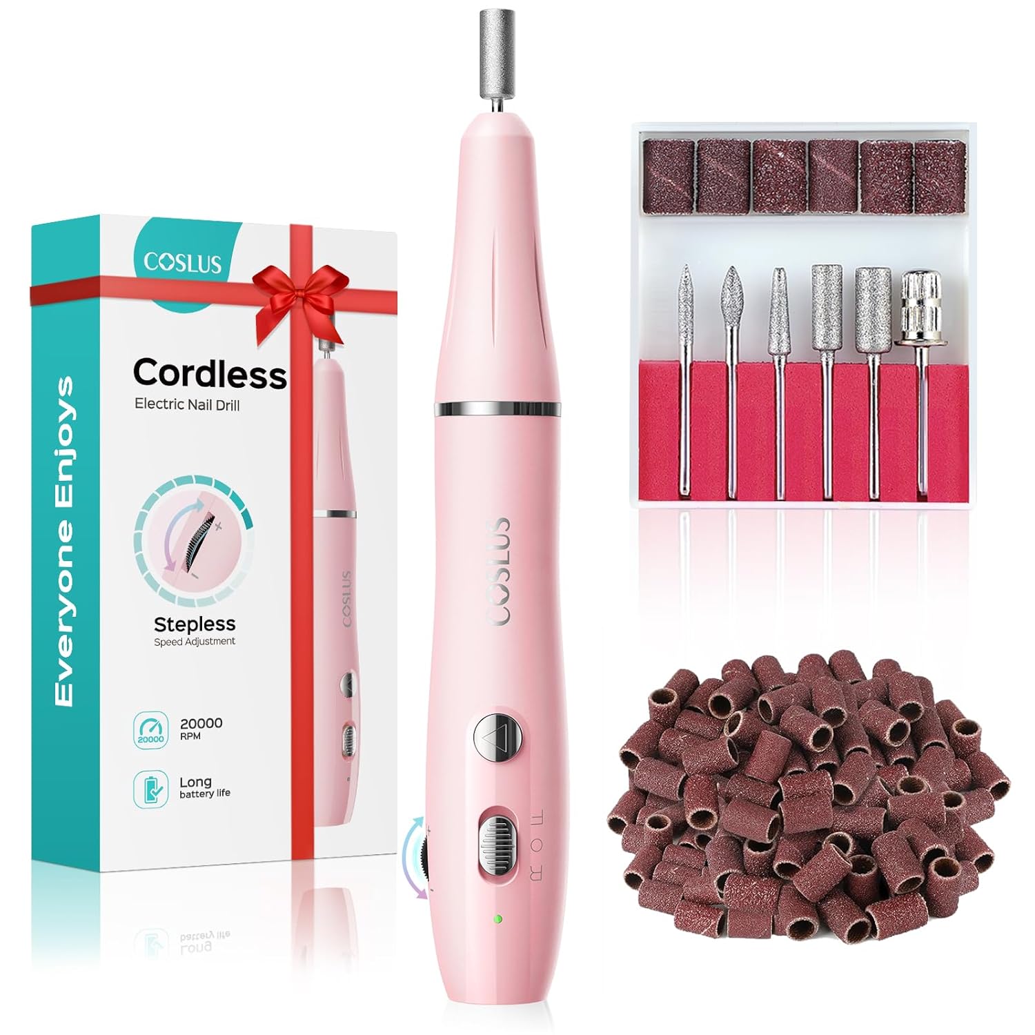 COSLUS Cordless Electric Nail Drill File: Nail Drill Machine with Stepless Speed Knob for Acrylic Gel Dip Powder Polish, Professional Portable Manicure Pedicure Rechargeable for Home Salon Use Pink