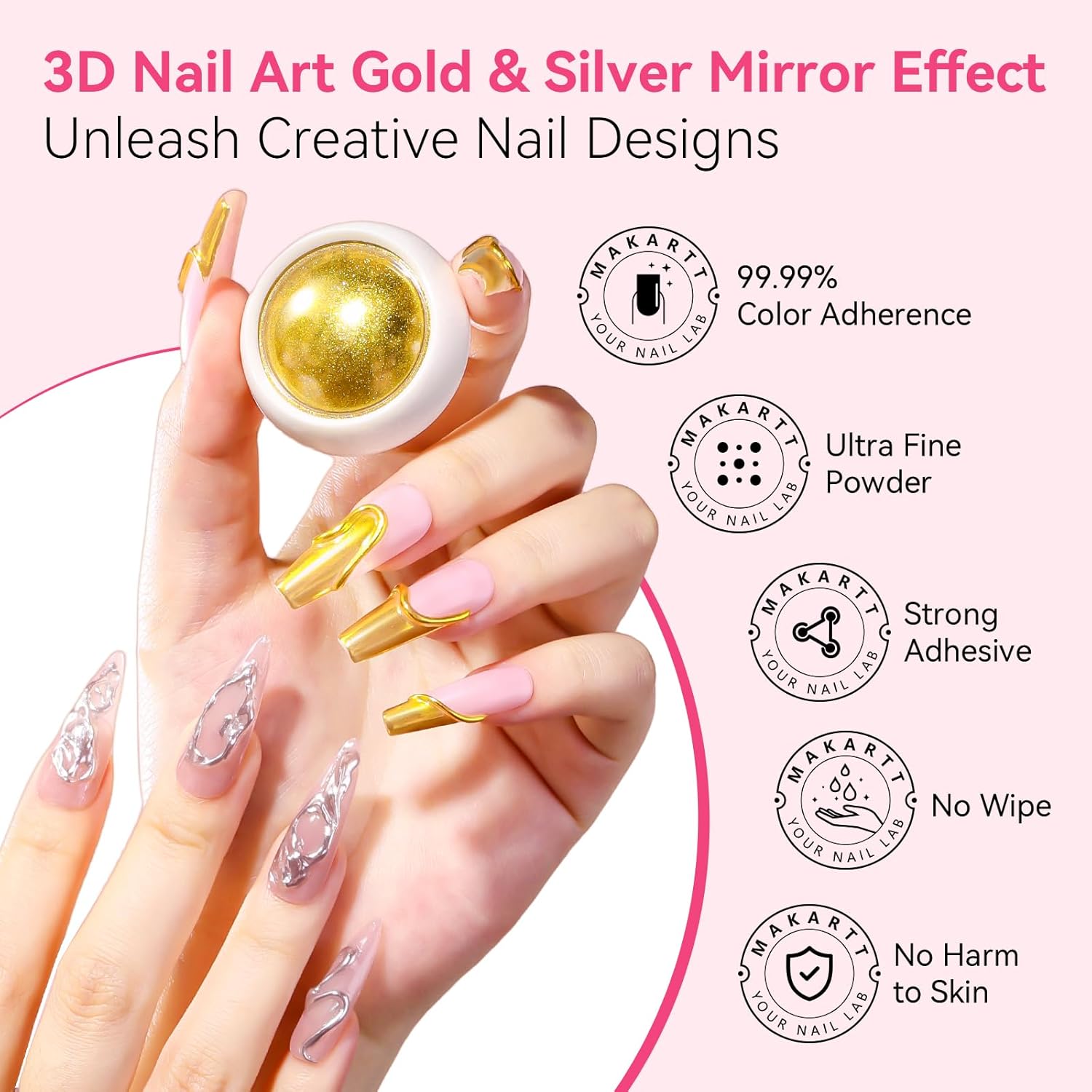 Makartt 3D Gel Nail Art & Chrome Nail Powder Kit: 15g Sculpting Gel for Nail Art DIY No wipe 3D Molding and Metallic Chrome Powder Set for Decoration Manicure Pedicure Use