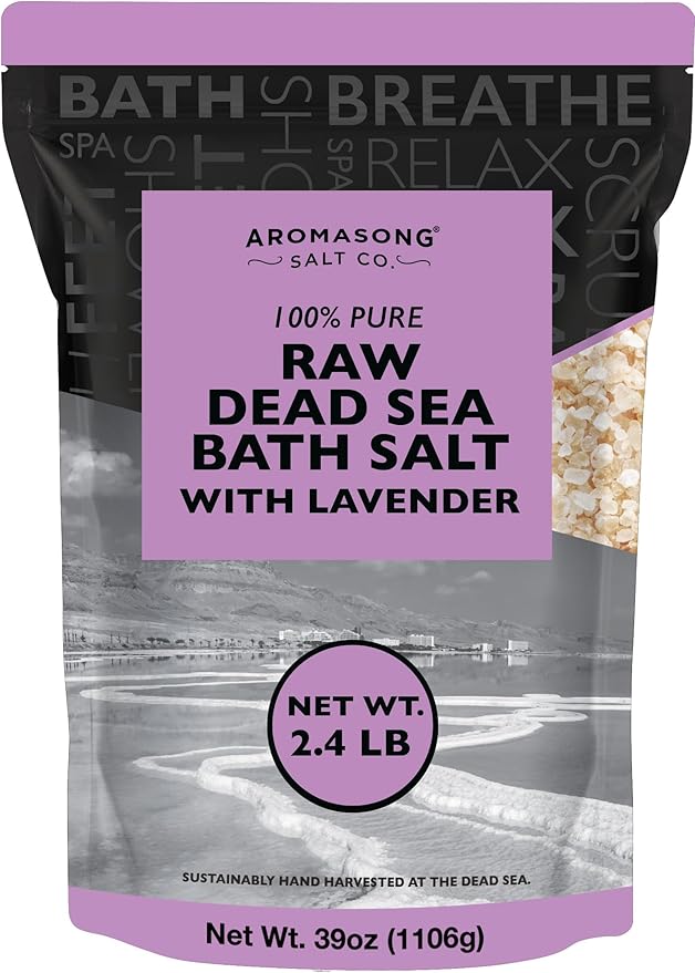 Aromasong RAW Dead Sea Salt with 100% Natural Lavender, 2.43 Lb, Not Cleaned, Still Contains All Dead Sea Minerals Including Dead Sea Mud, Fine Medium Grain Resealable Bulk Pack. (Packaging May Vary)