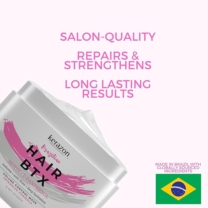 KERAZON Intensive Brazilian Hair BTX Smoothing Treatment 8oz 236ml For All Hair Types, Thermal Activated Hair Mask Damaged Hair and Long Lasting Volume And Frizz Control
