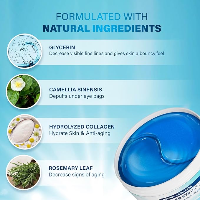 Under Eye Patches for Dark Circles: Under Eye Mask for Wrinkles - Eye Bags - Fine Lines - Puffy Eyes - Gel Mask - Amino Acid - Hydrolyzed Collagen - Anti Wrinkle Patches - Blue Eye Patches - 30 Pairs