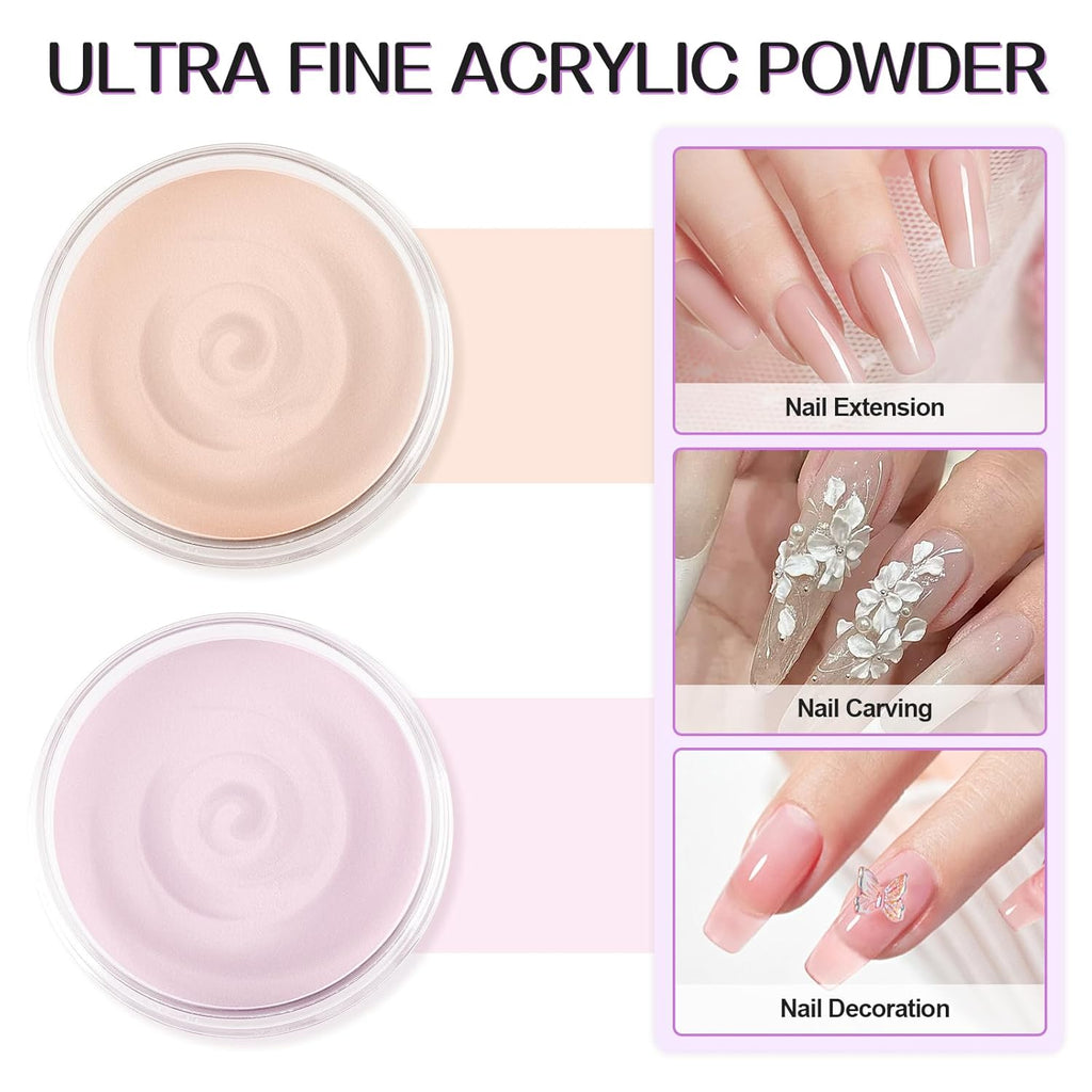 TOROKOM Acrylic Nail Powder Set, 2 Colors Nude Pink Acrylic Powder Colored for 3D Art Nail Carving French Nail Extension, Long-Lasting Nail Powder - No Need Nail Lamp, 2 * 60g