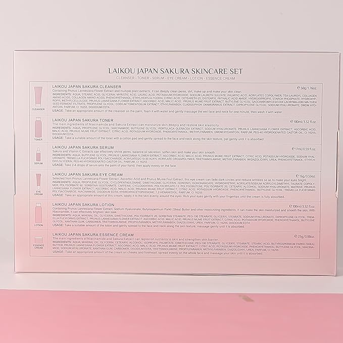 Skin Care Set JAPAN SAKURA Women Beauty Gift Sets Skin Care Kit with Cleanser, Toner, Lotion, Serum, Eye Cream, Face Cream Travel Kit for Women Teen Girls Mom Daughter TSA-friendly Sizes 6pcs