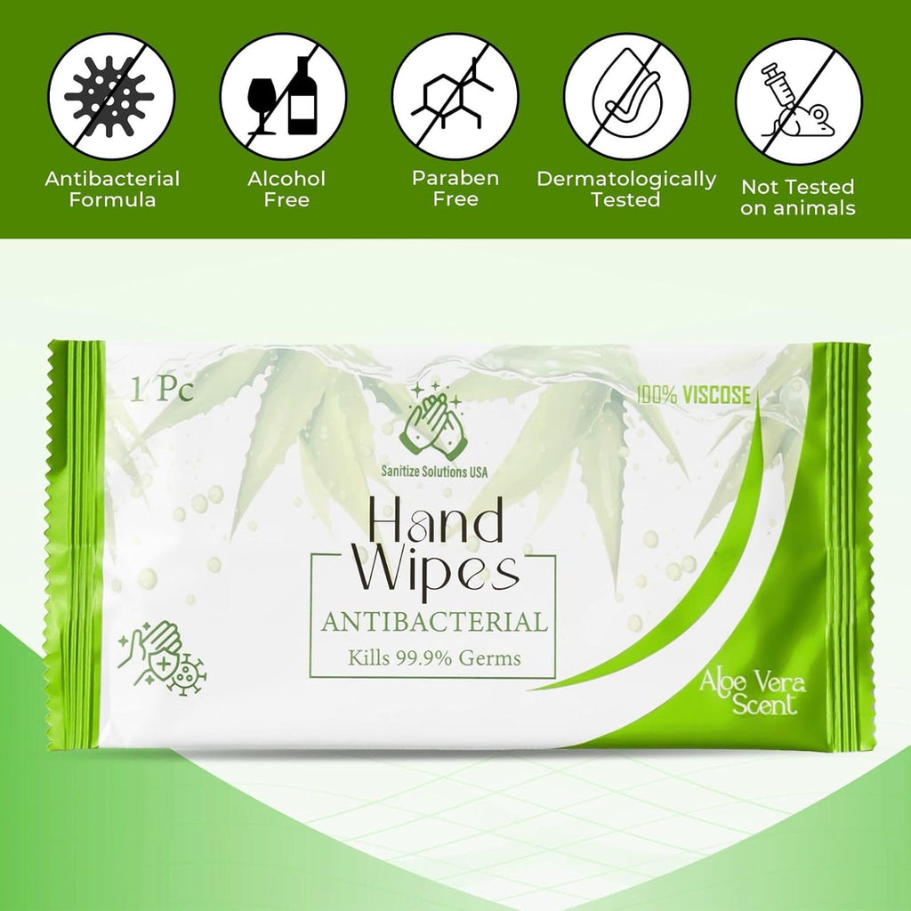 100 Individually Wrapped Hand Wipes – Aloe Vera Scent – 2 Convenient 50-Count Boxes | 100% Viscose, Eco-Friendly | Travel-Ready, Moisturizing