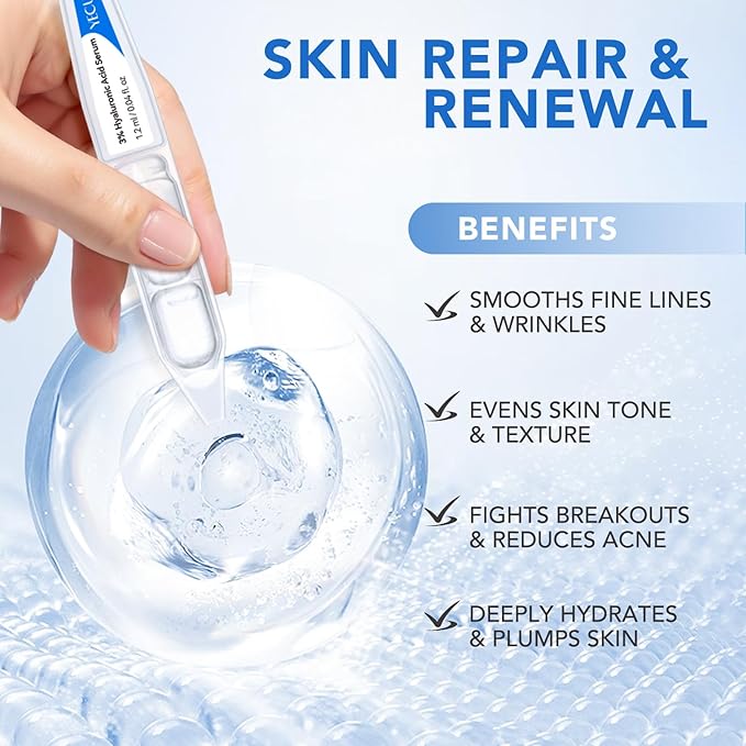 3% Hyaluronic Acid Serum, Ultra Hydrating Serum for face, Hyaluronic Acid Tubes | Pre-makeup SkinCare | Single-Use Hydrating Vials Skincare for Dry & Sensitive skin, 30 Count