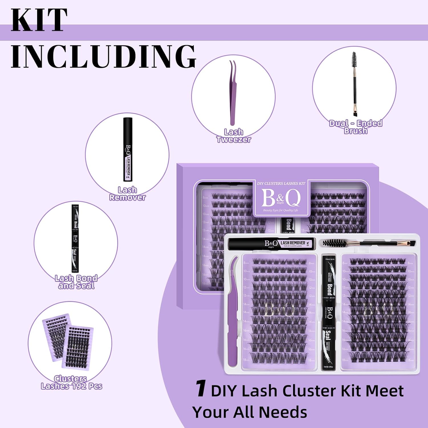 Lash Extension Kit 192 pcs Eyelash Extension Kit B01+B10 8-18mm Mixed Lash Clusters Kit Individual Lashes Kit Wispy with Lash Glue and Remover Applications Eyelash Kit (B01+B10, Kit)