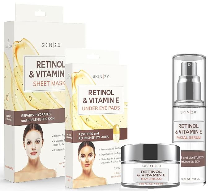 Retinol and Vitamin E Beauty Value Set - Serum, Moisturizer, Under Eye Pads & Face Sheet Masks