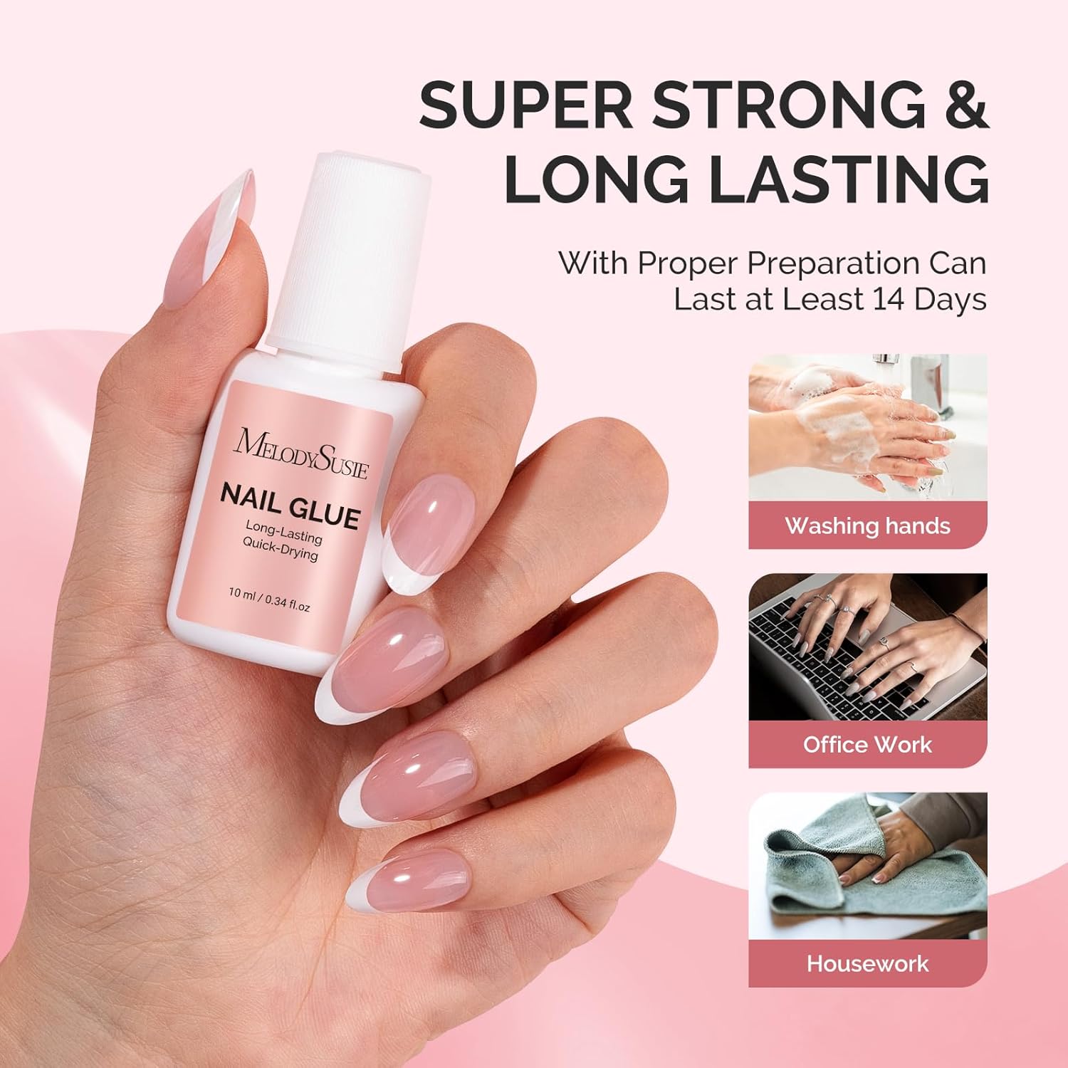 Melodysusie Brush-On Nail Glue for Acrylic Nails Press on Nails Quick-Drying Super Strong Long Lasting Adhesive for Nail Tips Fake Nails No UV Lamp Needed with Easy Application 10ml*2