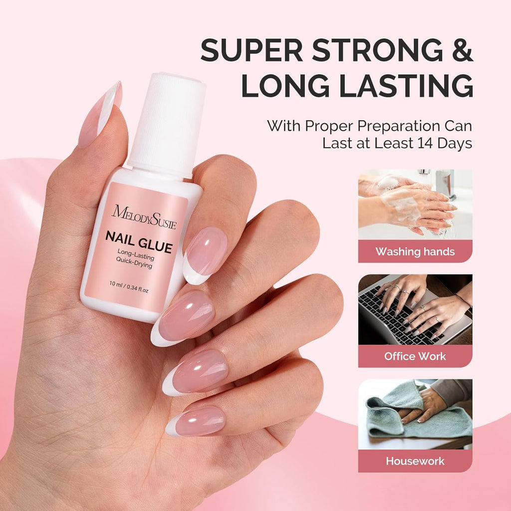 MelodySusie Nail Glue for Press on Nails Acrylic Nail Tips Quick-Drying Super Strong Long Lasting Adhesive for Fake Nails No UV Lamp Needed with Easy Application 10ml