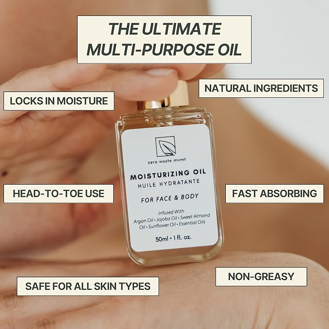 Moisturizing Oil for Face and Body – 100% Plant-Based, Vegan, and Cruelty-Free – Hydrating Blend with Argan Oil, Jojoba Oil, and Sweet Almond Oil – Plastic-Free Packaging – 30ml