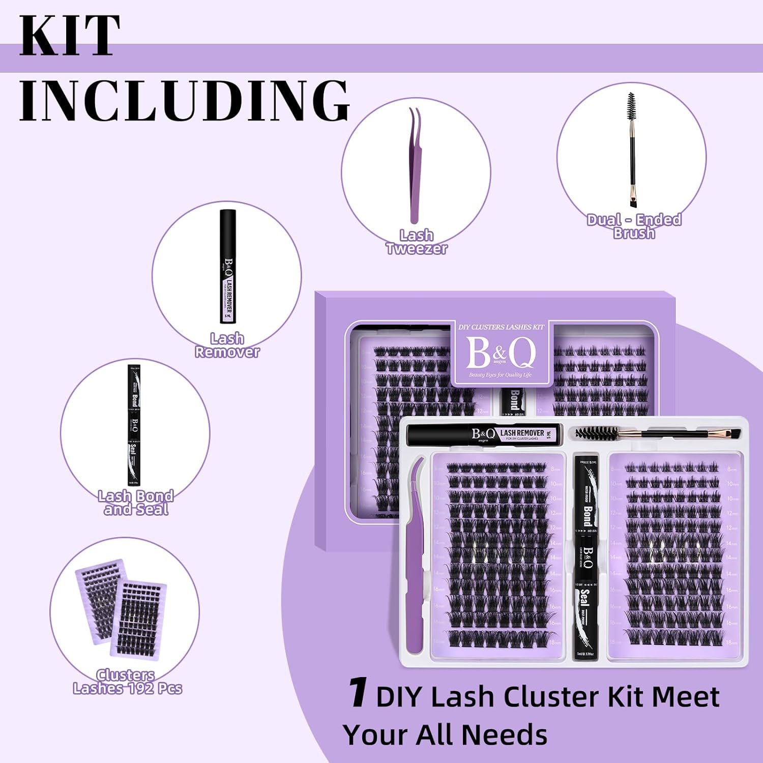 B&Q Lash Extension Kit 192 pcs Eyelash Extension Kit B19+B28 8-18mm Mixed Lash Clusters Kit Individual Lashes Kit Wispy with Lash Glue and Remover Applications Eyelash Kit (B19+B28, Kit)