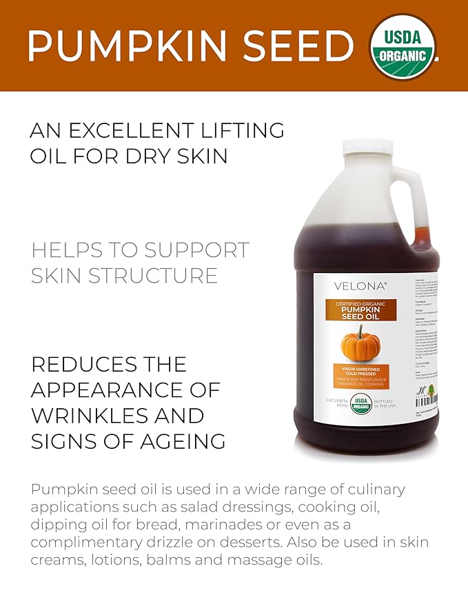 velona Pumpkin Seed Oil USDA Certified Organic - 1 Gallon / 128 Fl Oz | 100% Pure and Natural Carrier Oil | Unrefined, Cold Pressed | Cooking, Face, Hair, Body & Skin Care | Use Today - Enjoy Result