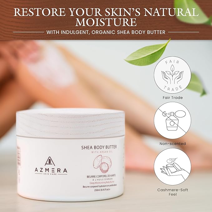 AZMERA Shea Body Butter - Organic Body Butter for Women & Men Dry Skin Rich in Antioxidants & Vitamin E - Vegan Shea Butter Moisturizer, Raw Shea Butter from Africa (Unscented, 250ML)