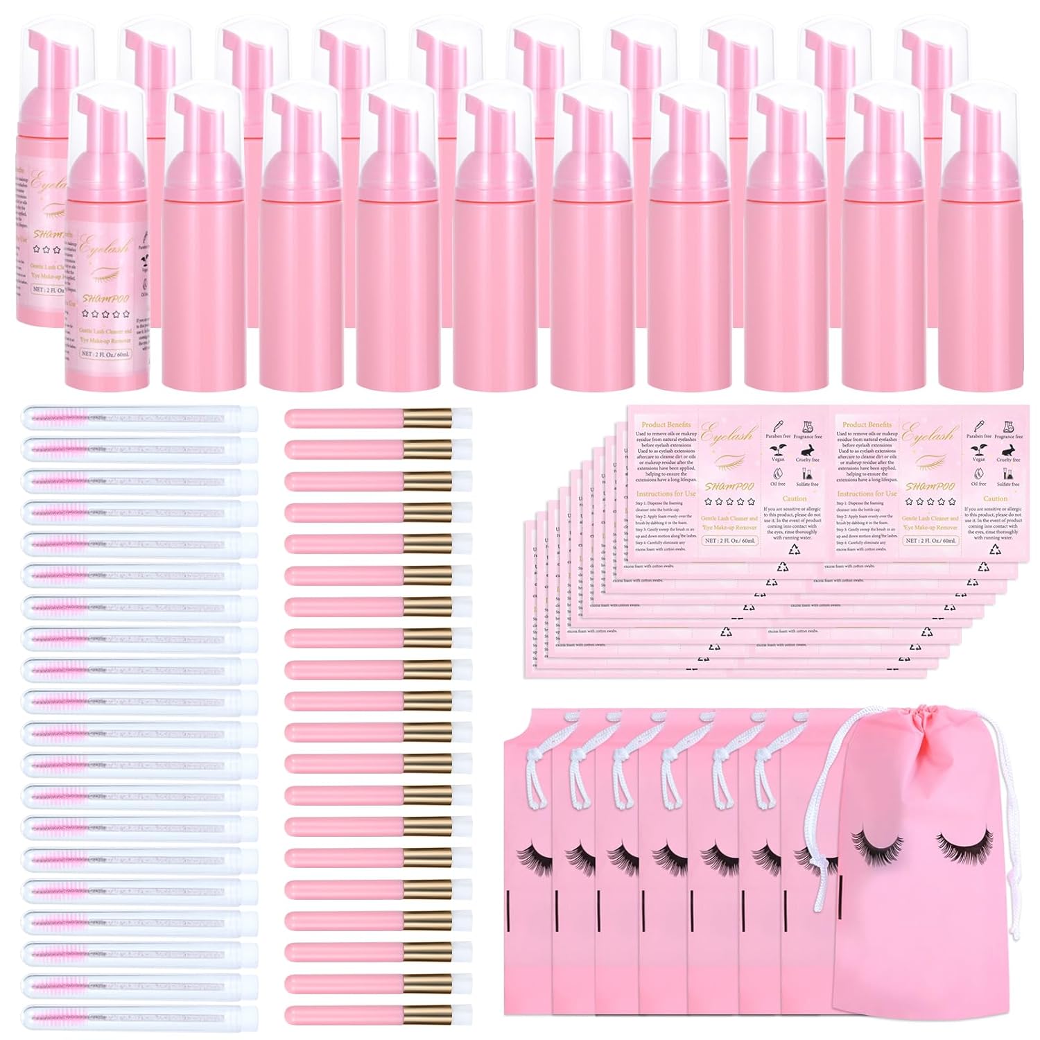 100 Pcs Lash Shampoo Bottle Brushes Set 20 Empty Foam Pump Dispensers 20 Label Stickers 20 Mascara Wands and Tubes 20 Cleansing Brush 20 Bag for Eyelash Extensions Aftercare(Pink)
