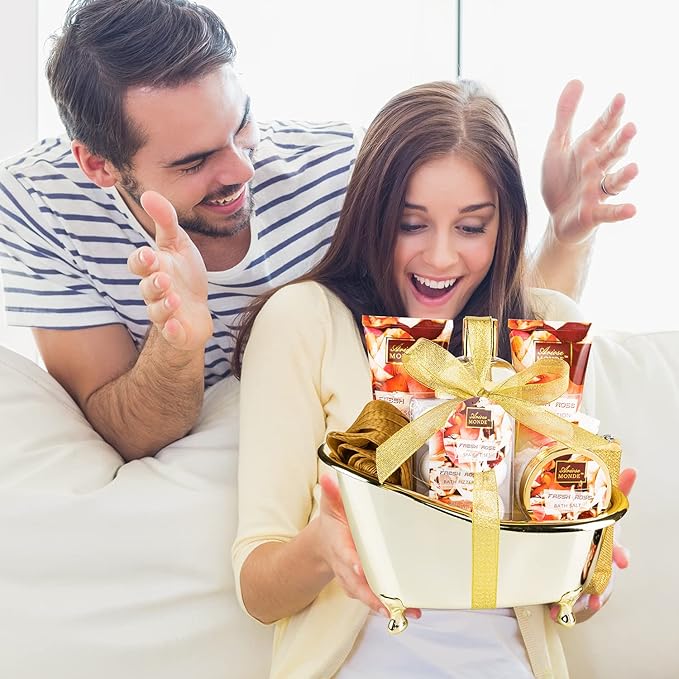 Fresh Rose Scented Spa Gift Set for Him & Her, 10-Piece Collection with Shower Gel, Bubble Bath, Body Lotion, Scrub, Salt, Bombs, Puff, Oil