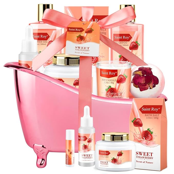 Mother's Day Gifts for Mom SPA Gifts for Her Gift Baskets for Women, Spa Gifts for Mom Strawberry Scent - Rich in Jojoba Oil Shea Butter with Body Lotion, Bath Bomb, Care Package, Birthday Gift
