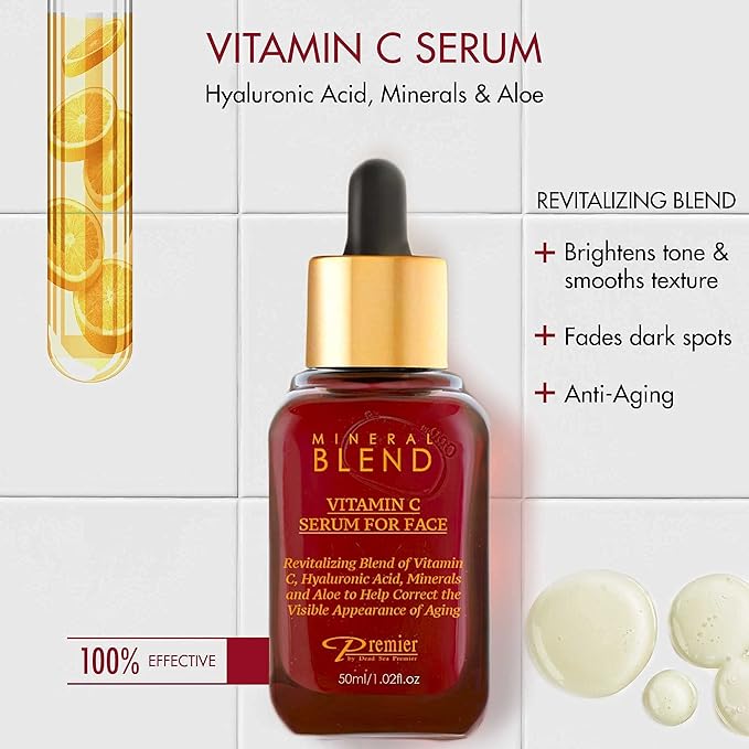 Vitamin C Serum for Face with Hyaluronic Acid & Rose Hips oil - Natural & Organic Anti Aging facial serum, Mineral Blend by Premier Dead Sea 1.7 Fl.Oz