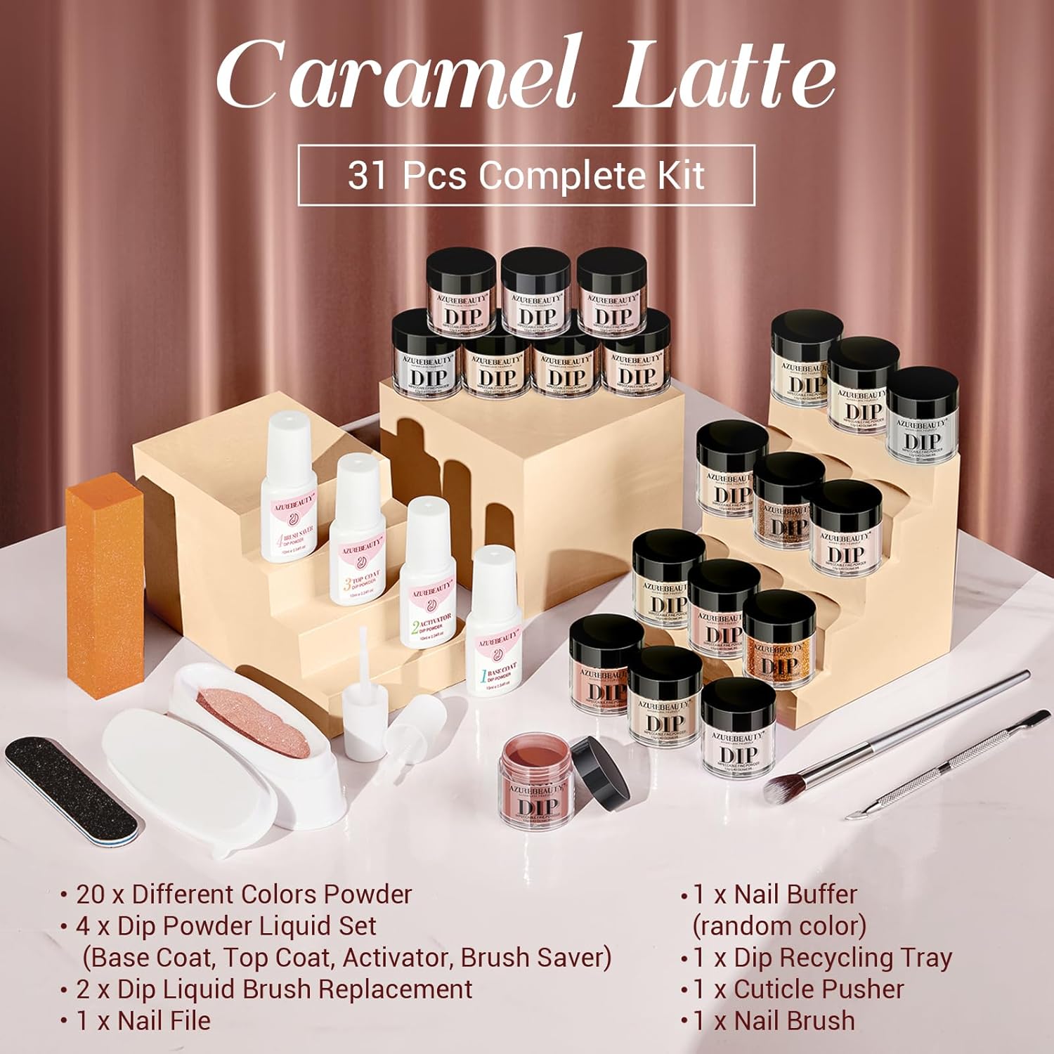 AZUREBEAUTY 31 Pcs Dip Powder Nail Kit 20 Colors Glitter Nude Brown Pink White Gray Dip Powder Liquid Set with Top/Base Coat Activator for French Nails Art Manicure DIY Salon Women Valentine's Gift