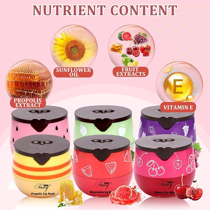 6 PCS Bee Lip Balm Honey Pot, Honey Strawberry Watermelon Apple Vanilla Peach Bee Lip Balm Sleeping Lip Mask Overnight with Sticks, Honey Pot Lip Balm Exfoliating Prevention Dry and Crack Lip Scrubs