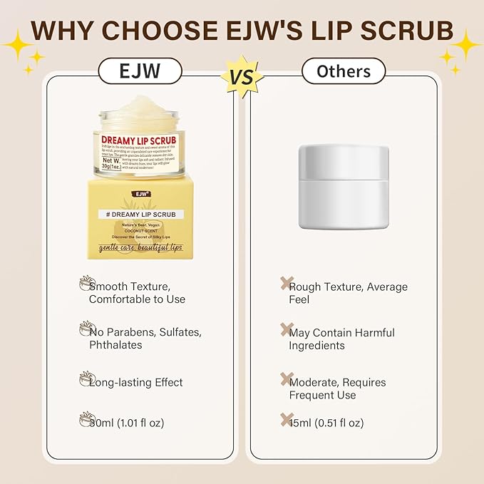 EJW Nourishing Lip Scrub - Infused with Coconut Oil, Olive Fruit Oil, and Jojoba Seed Oil, 1.05oz - Exfoliate, Hydrate, and Glow for Chapped Dry, Dark Lips