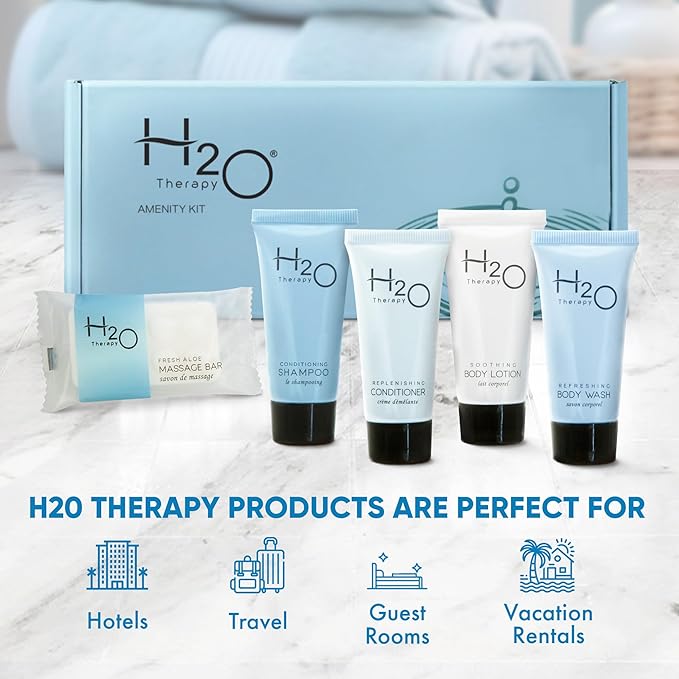 H2O Therapy Amenity Kit | Hotel Bulk Toiletries | 0.85 oz Shampoo, Conditioner, Lotion, Body Wash, Body Bar Soap for Guest Hospitality Vacation Rentals | 1 Set/Case