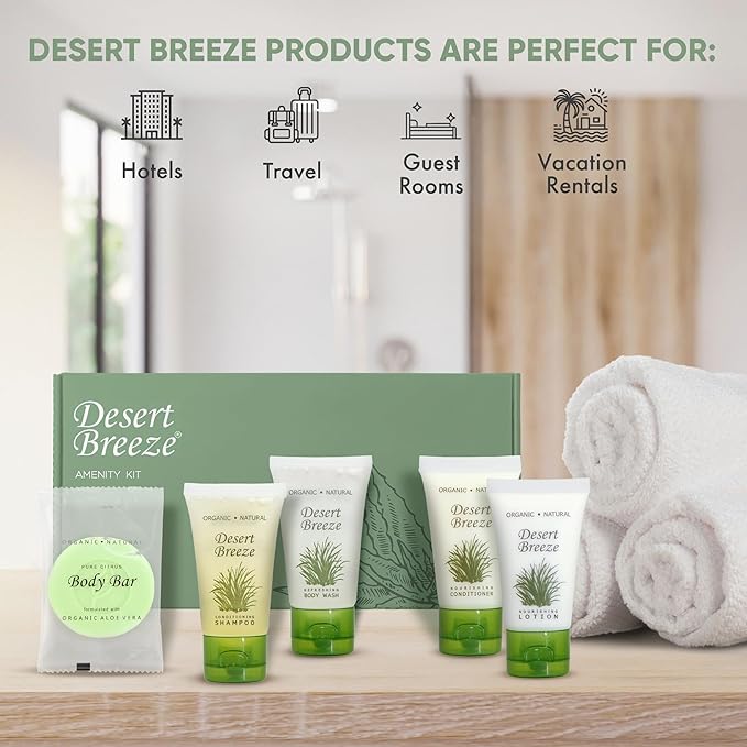 Desert Breeze Amenity Kit | Boxed Hotel Toiletries Bulk Set | 1 oz Shampoo, Conditioner, Lotion, Body Wash & Body Bar Soap | 60 Sets per Case