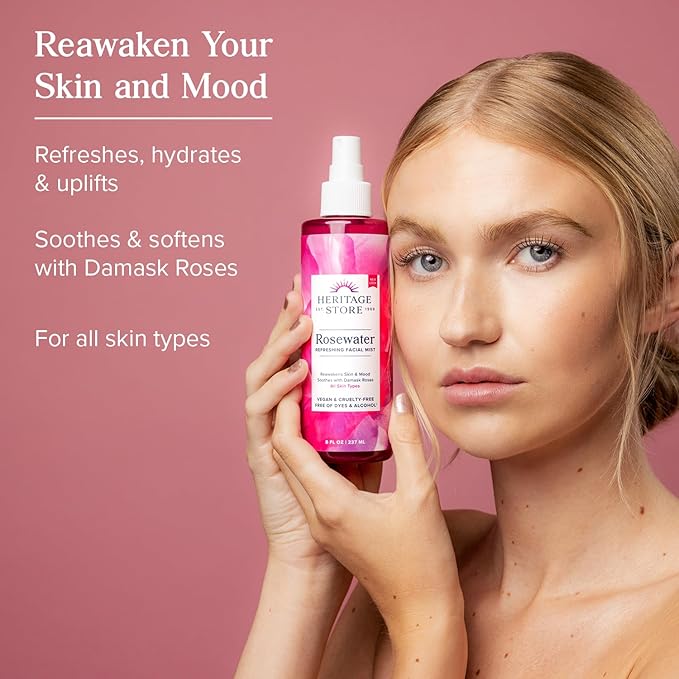HERITAGE STORE Rosewater - Refreshing Face Mist with Damask Rose, All Skin Types - Hydrating Rose Water Spray for Glowing Skin Care - No Dyes or Alcohol, Hypoallergenic, Vegan, 60-Day Guarantee, 2oz