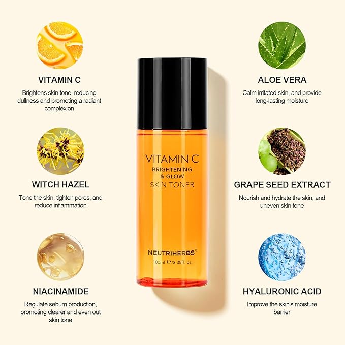 Neutriherbs Vitamin C Toner for Face Alcohol Free Facial Toner with Aloe Vera Witch Hazel Extract Hyaluronic Acid Moisturizing and Smoothing Skin 100ml e/3.38fl. oz.
