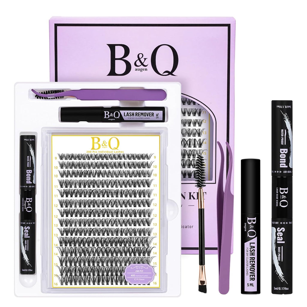 B&Q Lash Clusters Kit 280PCS Eyelash Clusters Kit,40D C 9-16MIX Individual Lash Comfortable Eyelash Extension Set, Classic Look with Bond and Seal Waterproof, Remover DIY at Home(Set,40D-C)